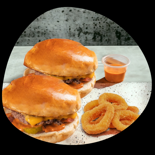 Duo Box Double + O.R (2 double smash burgers of your choice, 8 onion rings, 2 french fries and 2 soft drinks)