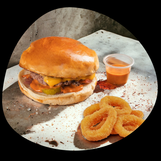 Double Smash Burger + O.R (Served with 4 onion rings, french fries and soft drink)