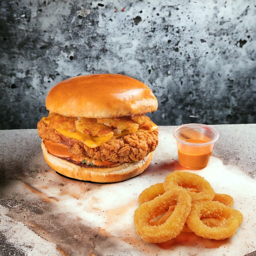 Smash Zinger Chicken, Potatoe Steak + O.R (Served with 4 onion rings, french fries and soft drink)